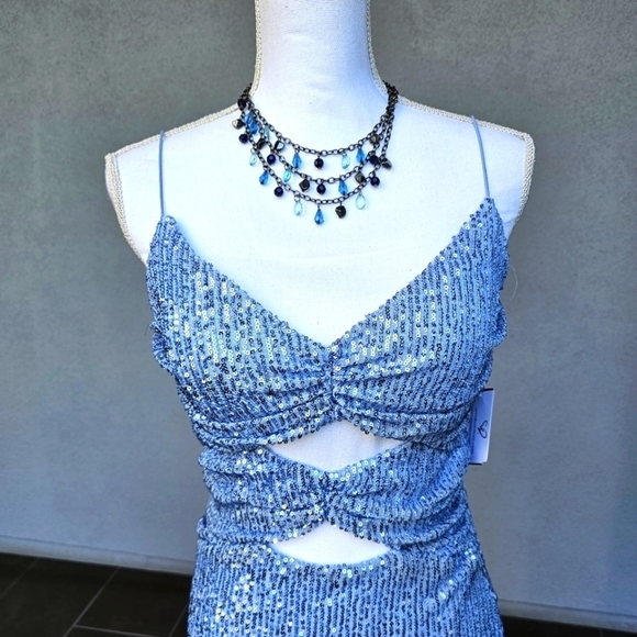 Windsor ✦ Blue Sequin Mermaid Maxi Dress ✦ Sweetheart Cutouts w/ Bungee Straps - Picture 7 of 16